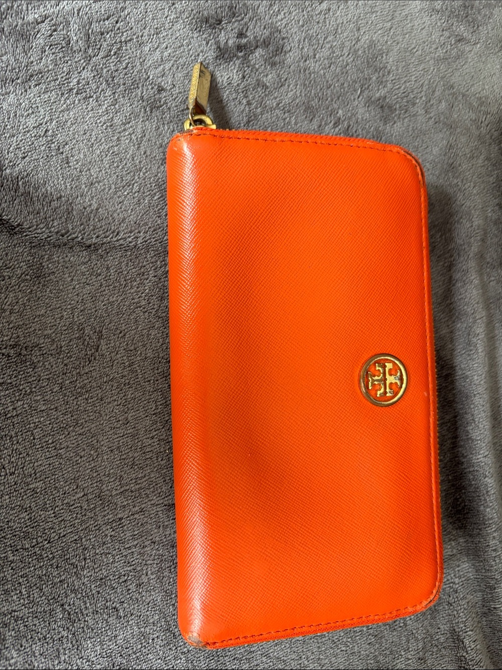 Tory Burch Bright Orange Zip-Around Saffiano Wallet with Gold Logo